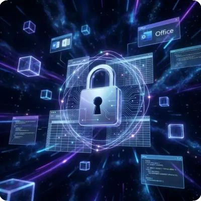 A padlock sealing a spreadsheet, surrounded by floating Office windows and code panels
