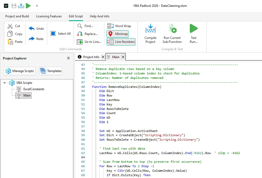 VBA Padlock Studio code editor with VBA source code and Excel integration