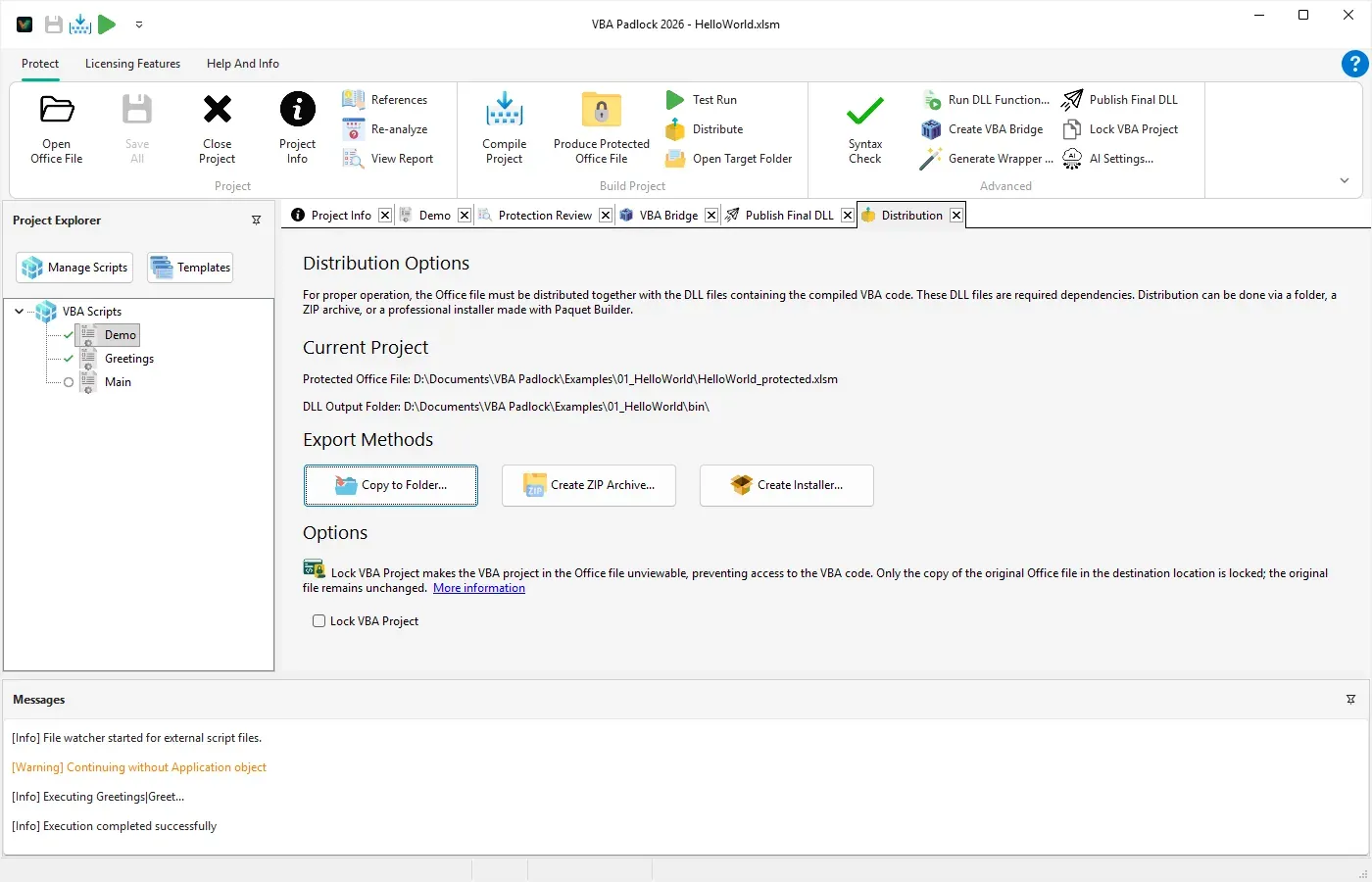 The Distribution tab in VBA Padlock Studio, showing the files prepared for shipping