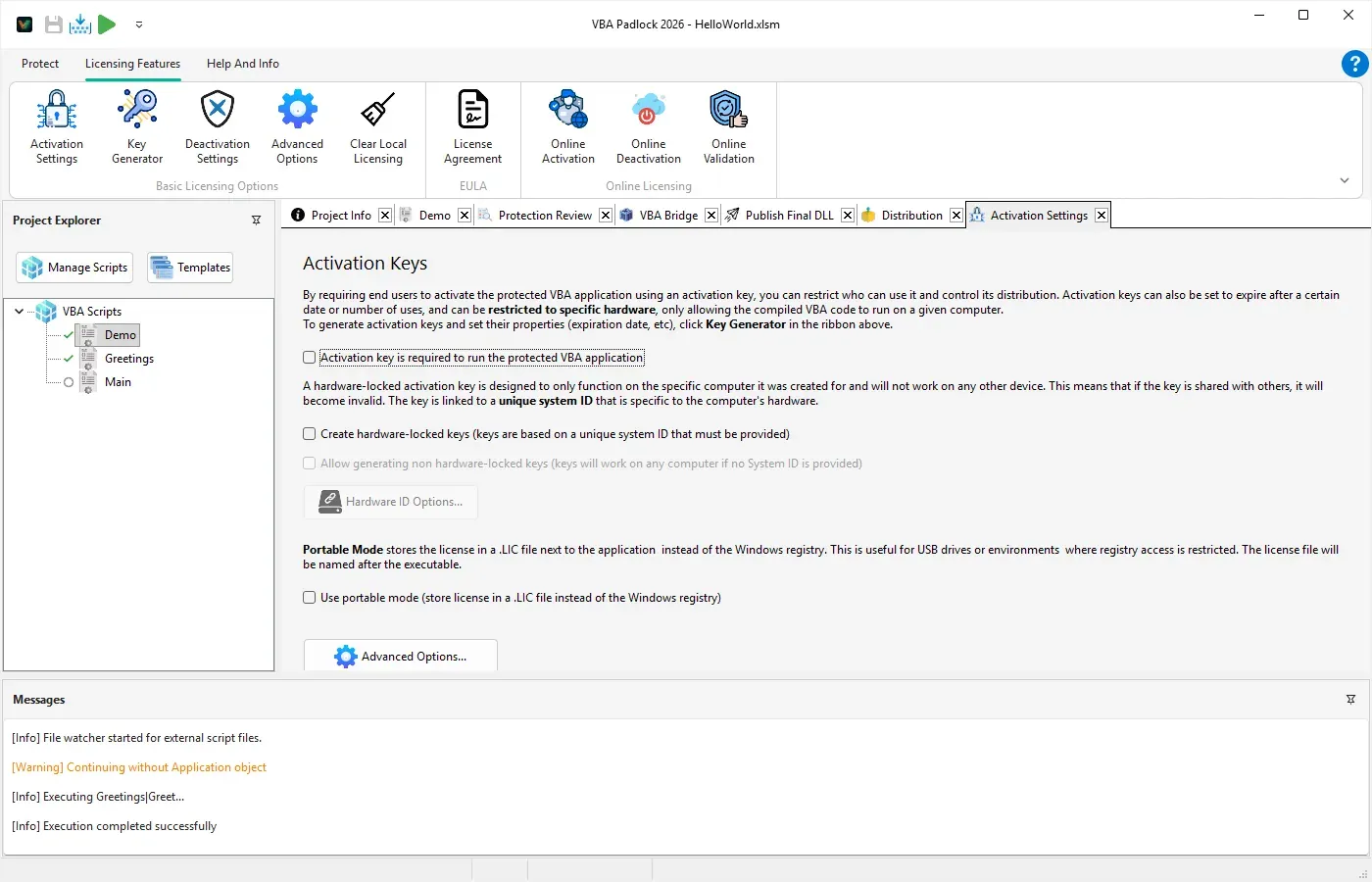 The licensing configuration tab in VBA Padlock Studio