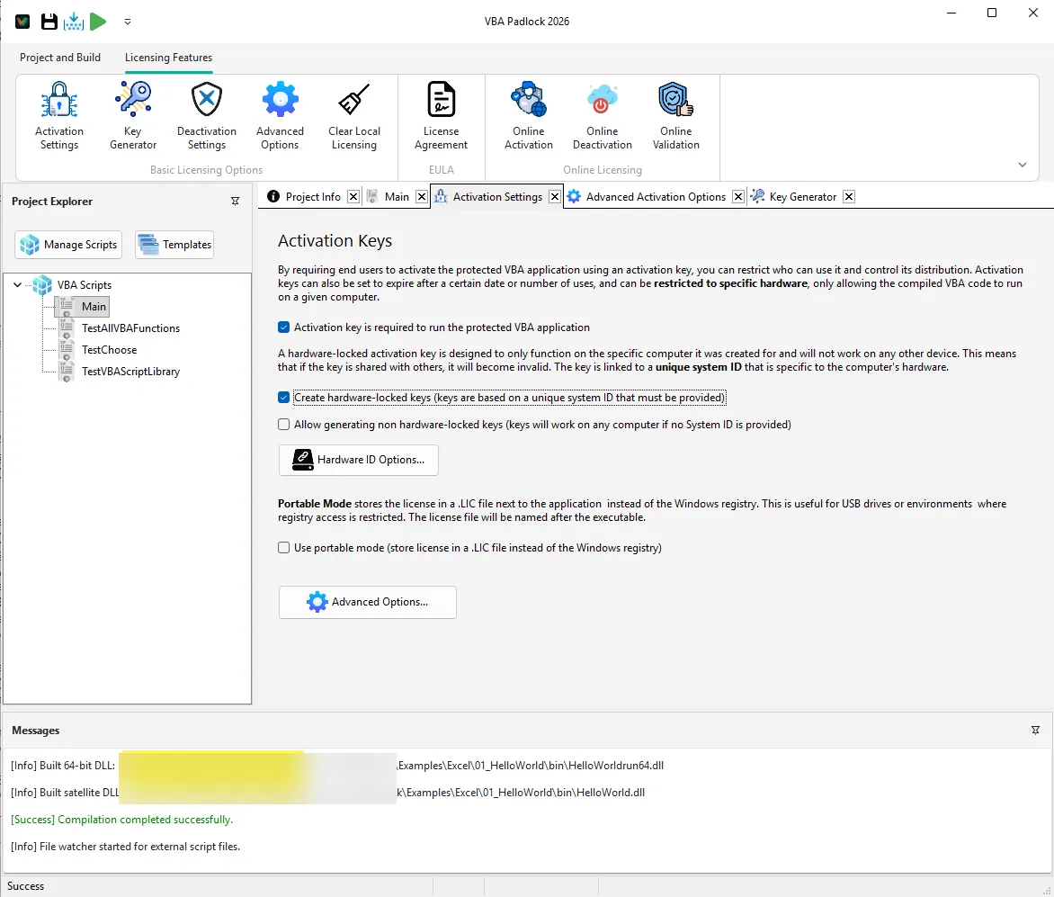 VBA Padlock licensing configuration showing activation keys and hardware locking options