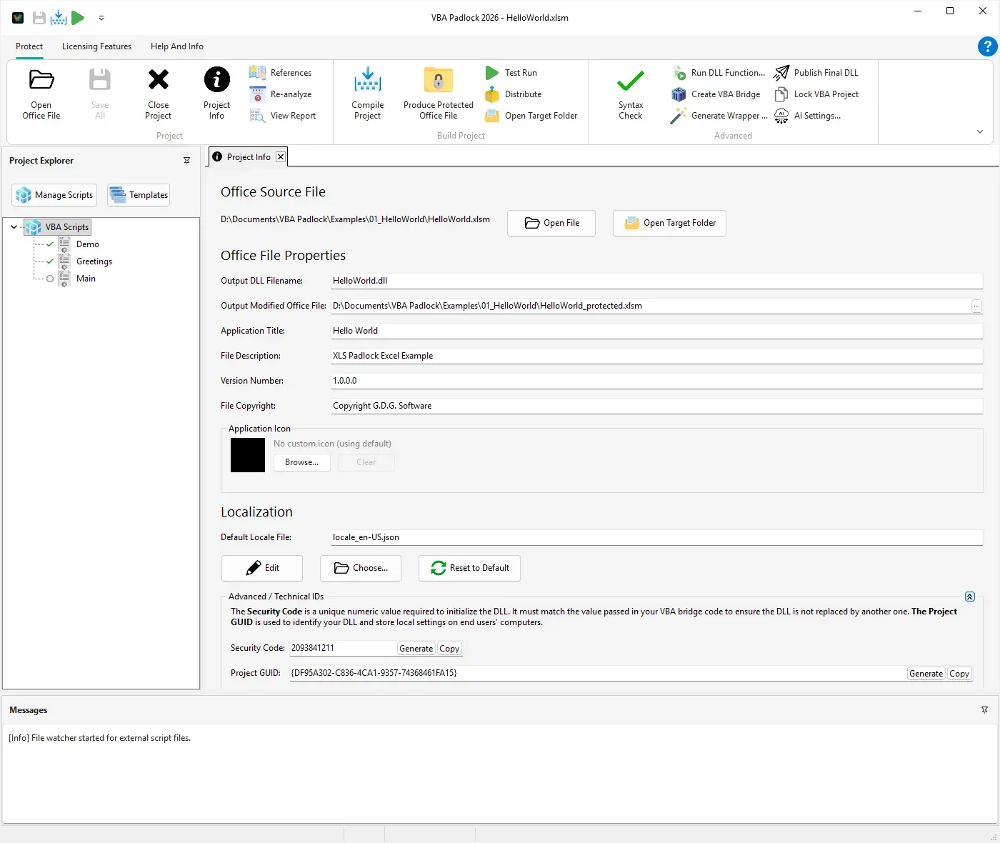 VBA Padlock Studio showing the project configuration interface