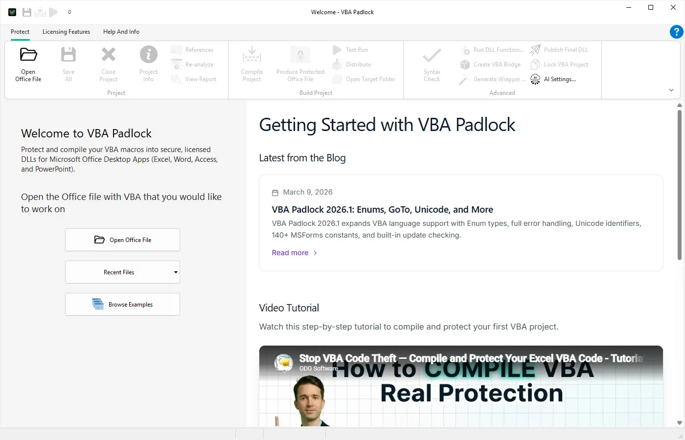 VBA Padlock Welcome screen: open a macro-enabled Office file or browse the bundled examples