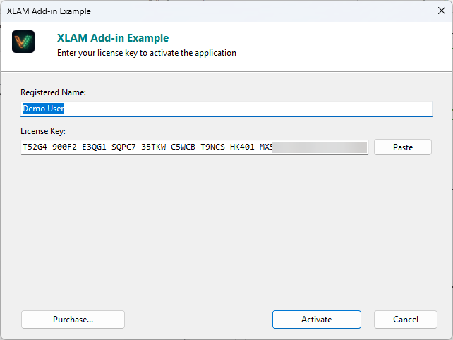 End-user license activation dialog in a VBA Padlock protected application