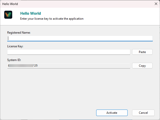 Activation dialog showing hardware ID