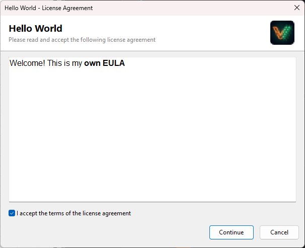 The EULA dialog as seen by the end user