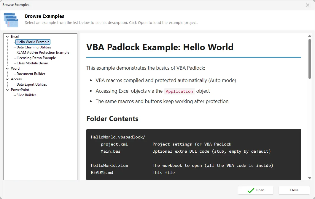 The Browse Examples dialog: sample projects grouped by Office host, with a README preview