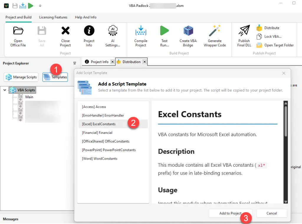 Templates button in the VBA Padlock code editor toolbar