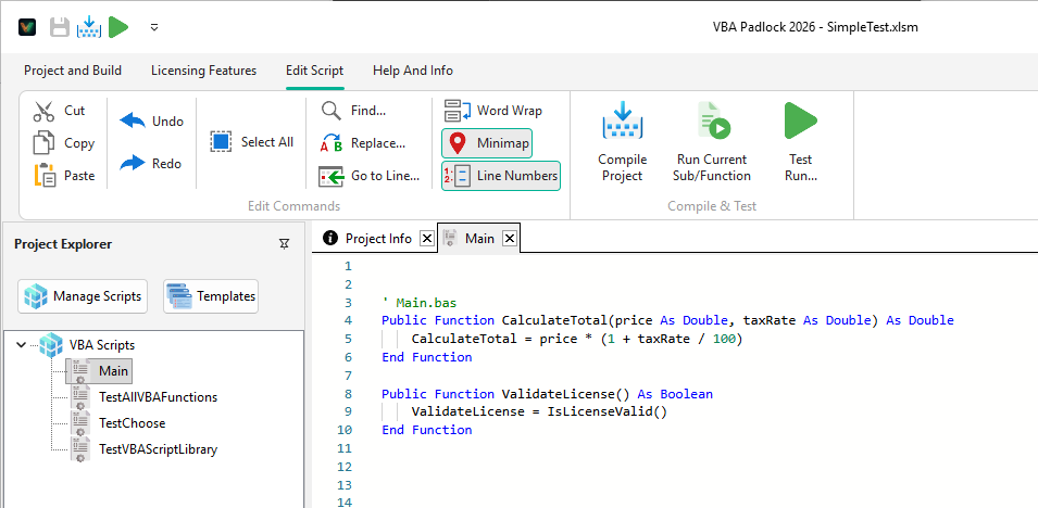 Code editor with VBA script modules ready for compilation