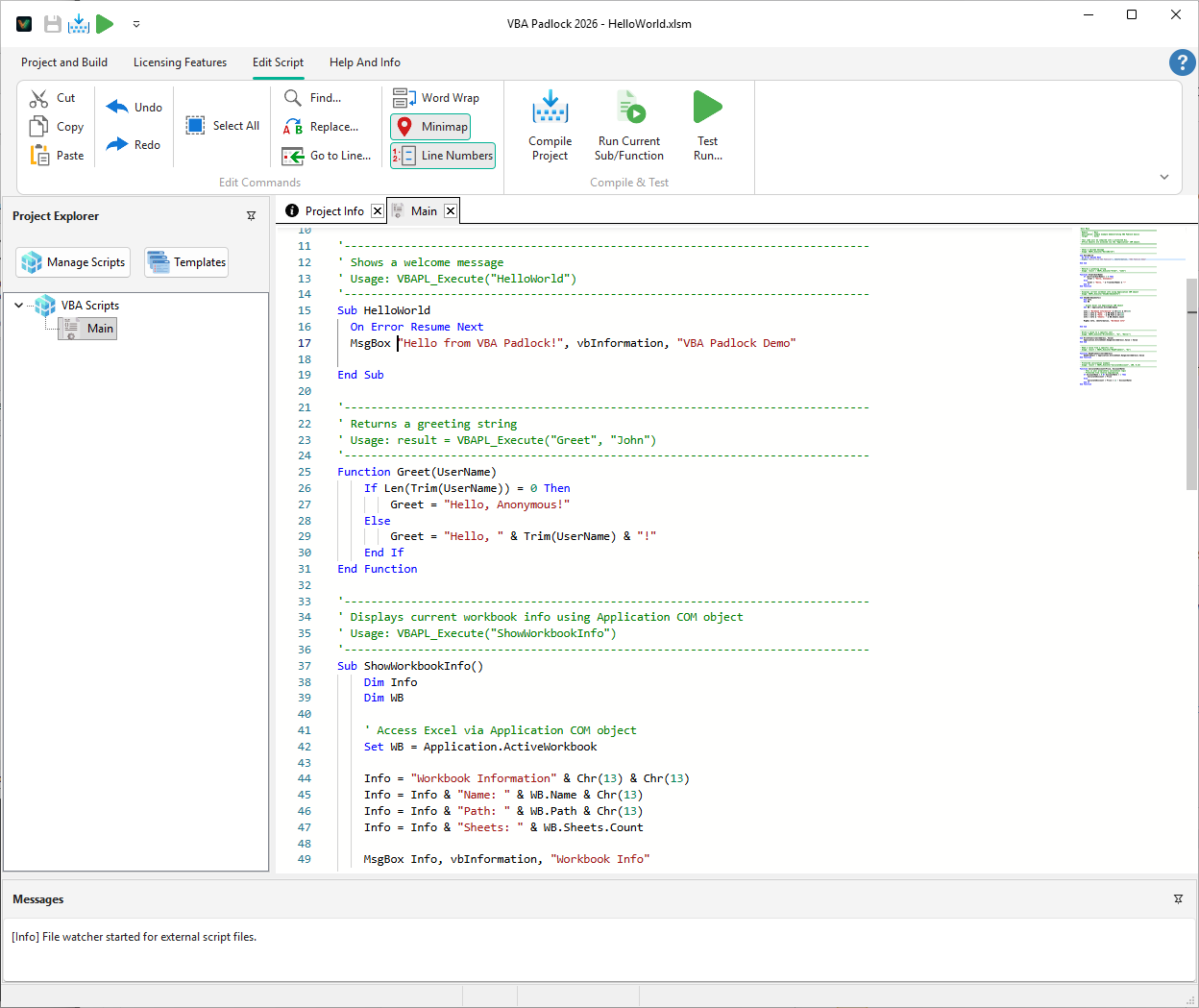 VBA Padlock Studio code editor showing VBA source code with syntax highlighting, module explorer, and compilation tools