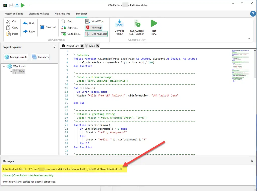 Successful compilation of the VBA project