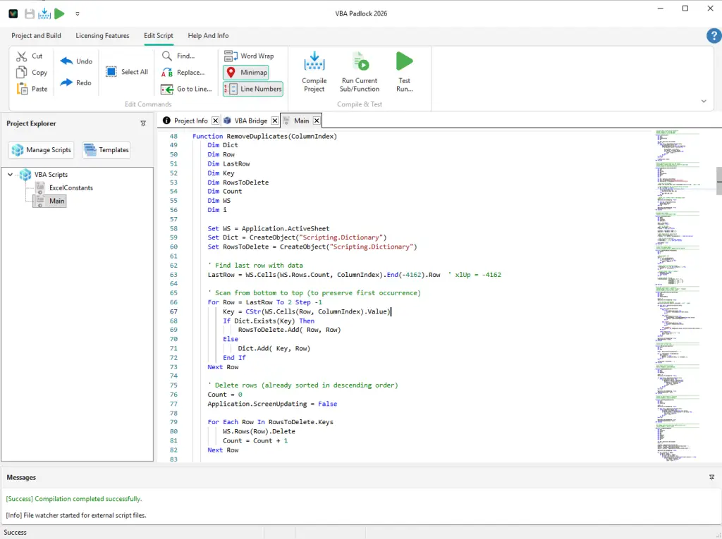 VBA Padlock compilation output showing successful DLL generation with 32-bit and 64-bit runtimes