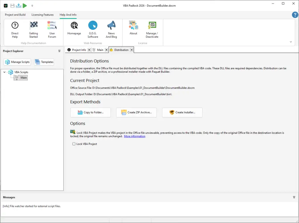 VBA Padlock distribution dialog for packaging Office files with DLLs