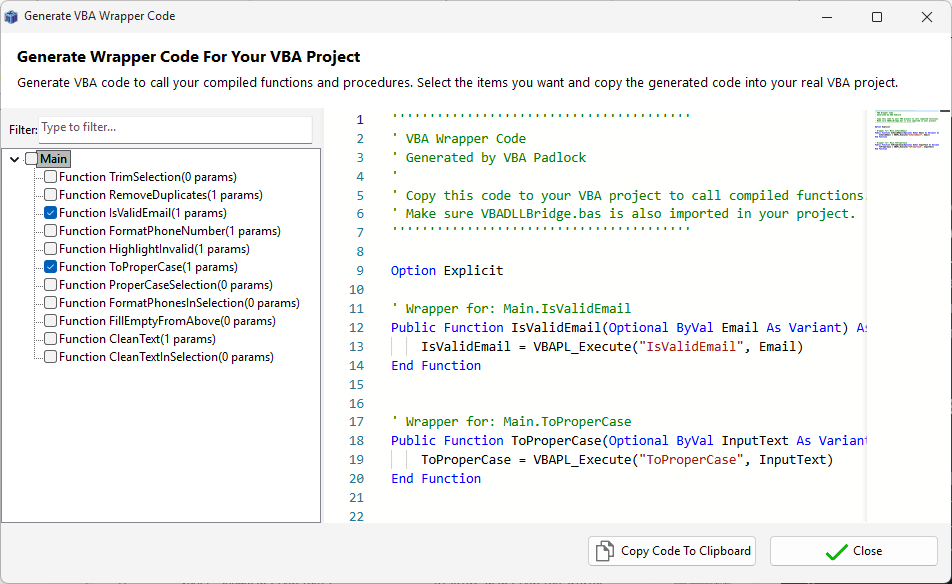 VBA Wrapper Generator dialog showing generated code