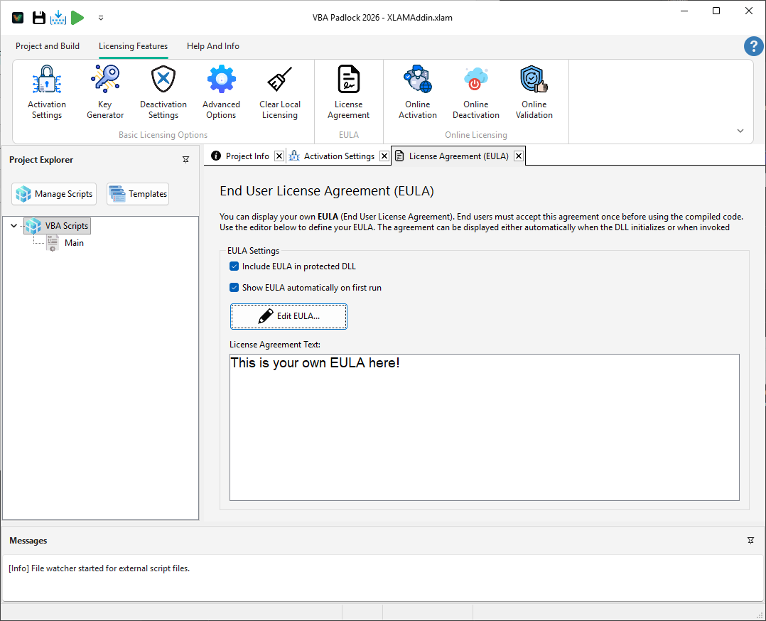 The EULA settings and rich text editor