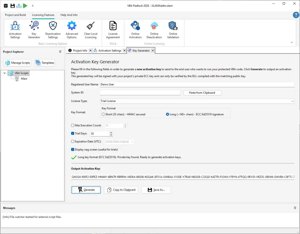 VBA Padlock key generator producing license keys with hardware ID and expiration