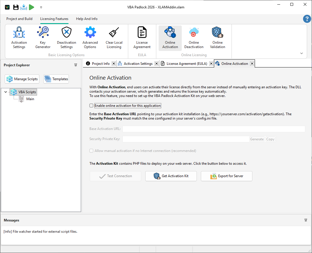 Online activation settings in VBA Padlock Studio