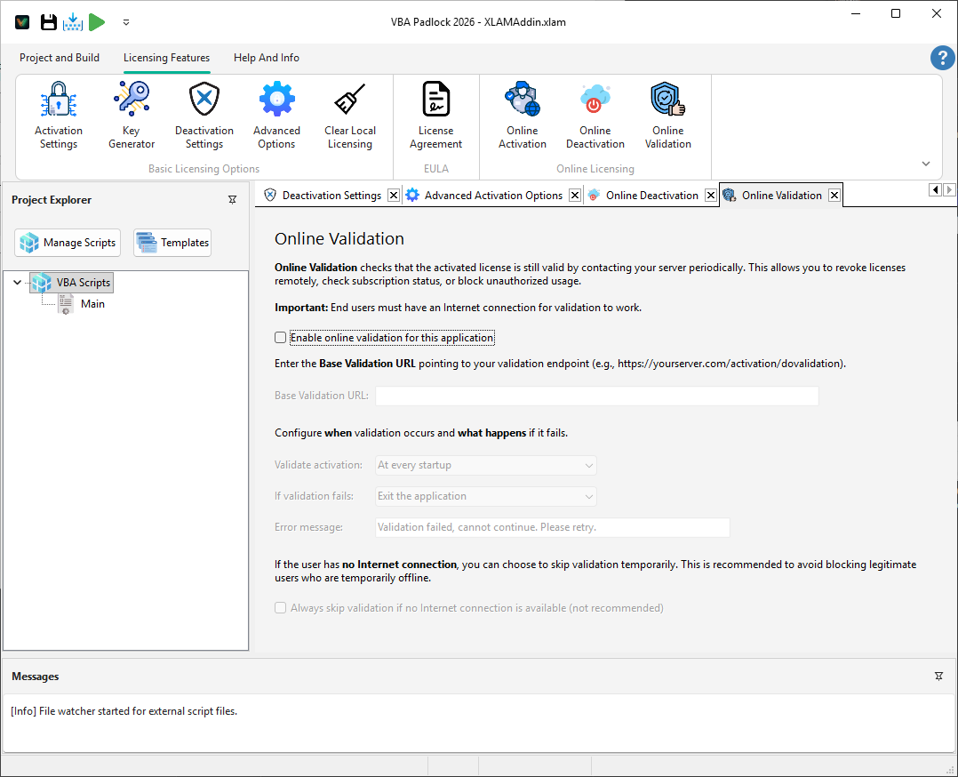 VBA Padlock Studio Online Validation settings for periodic license checks