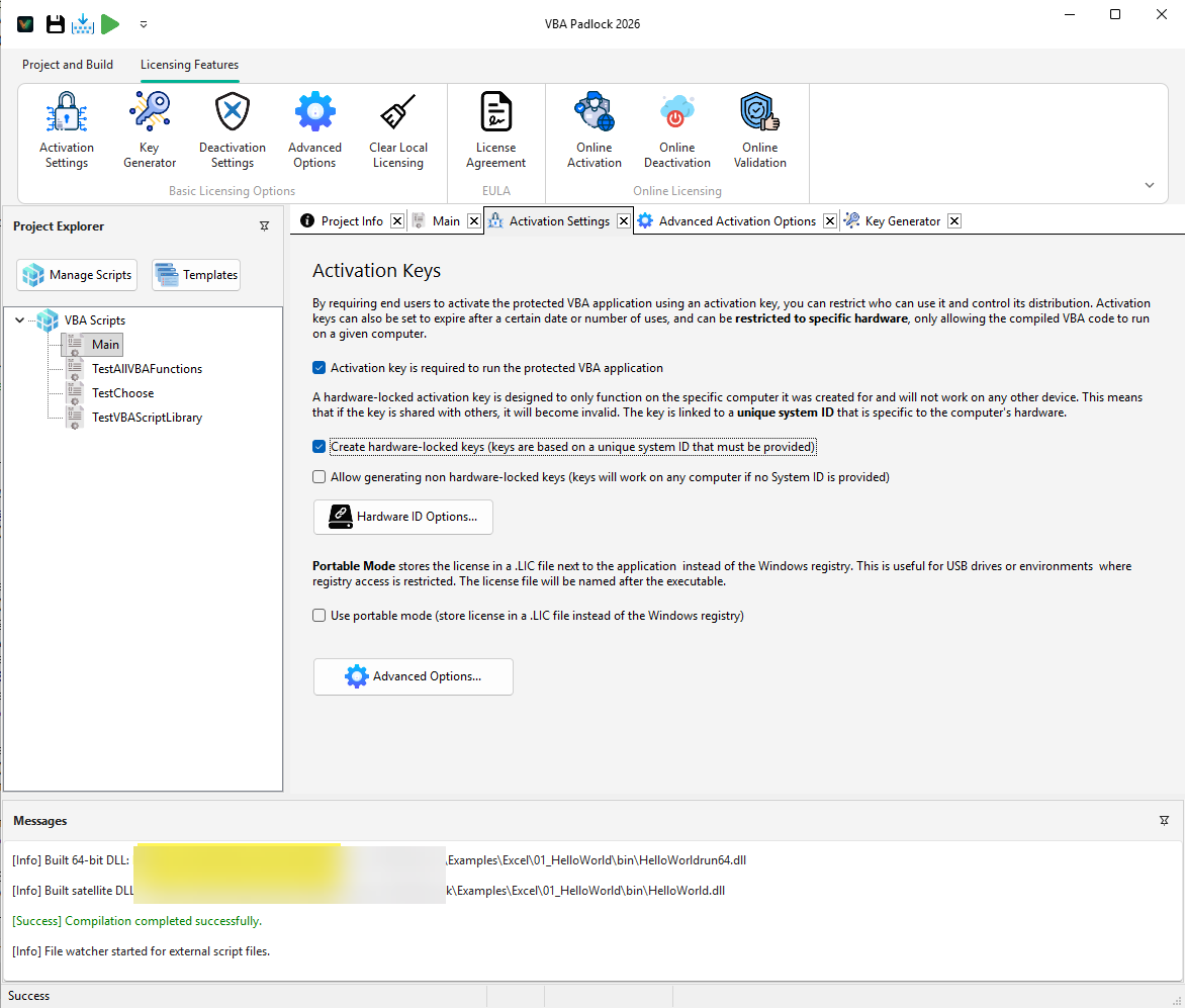 VBA Padlock licensing configuration showing activation keys, hardware locking, and key generator