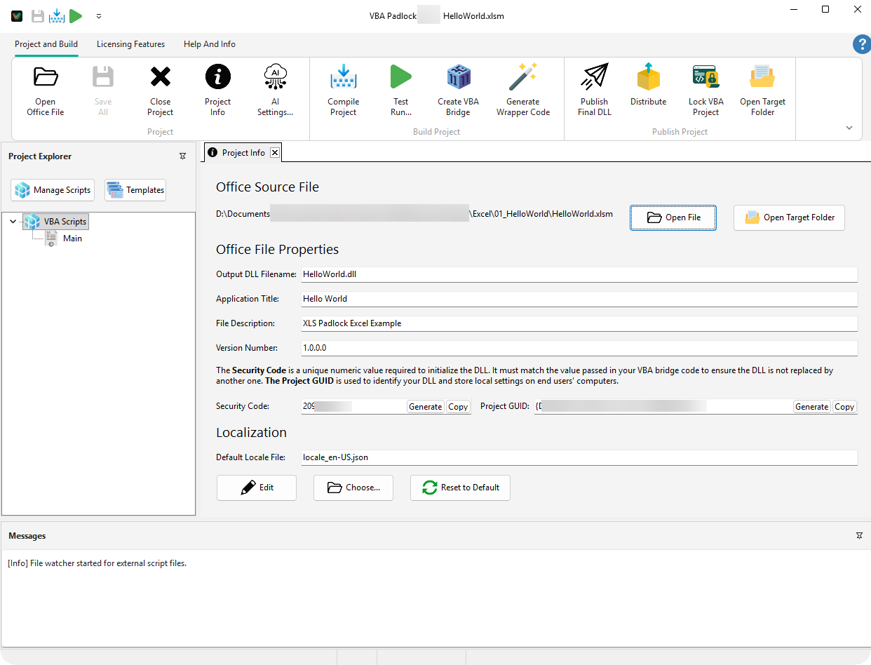 VBA Padlock Studio main window with ribbon, Project Explorer, and Code Editor