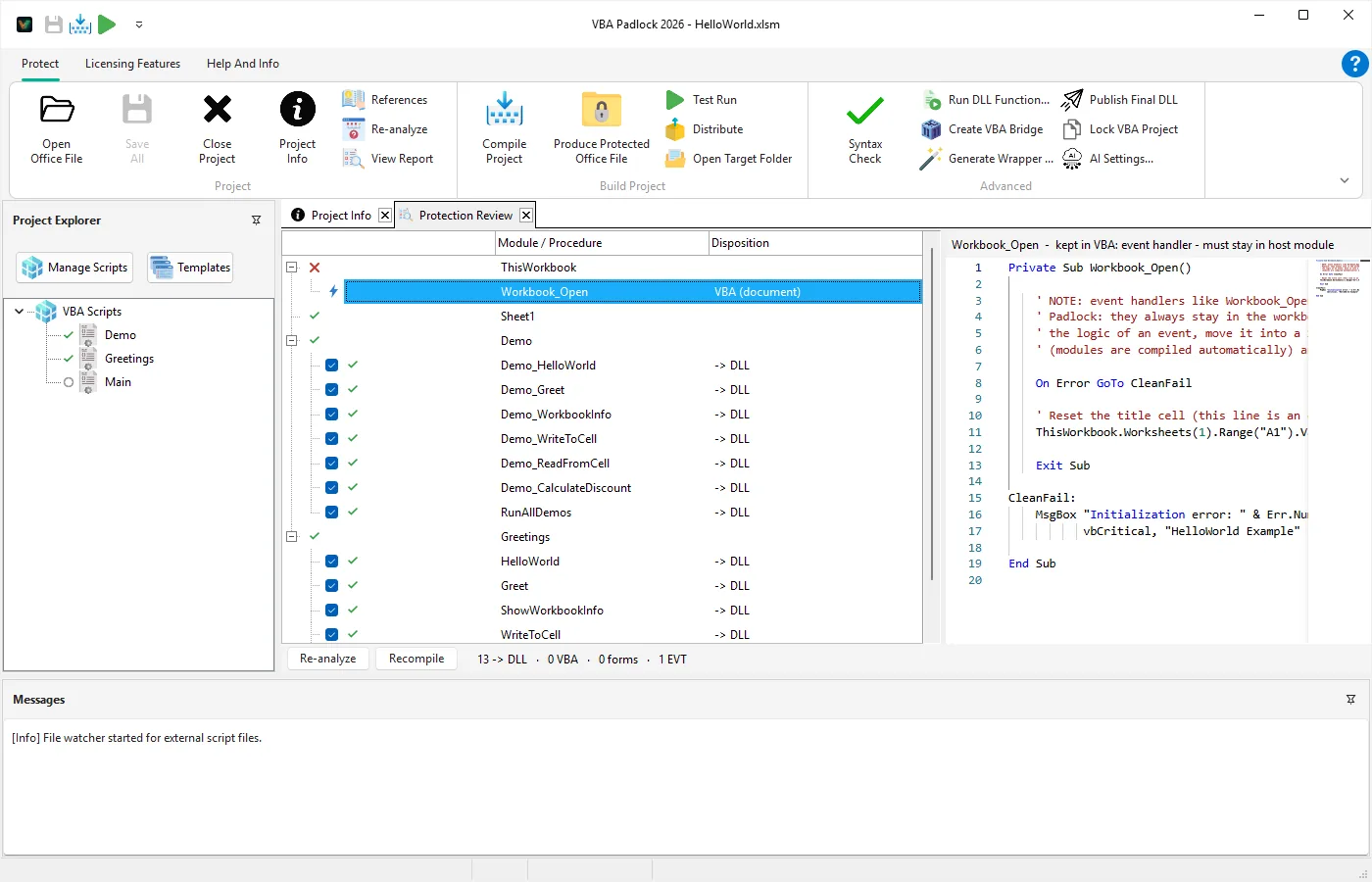 The Protection Review showing which procedures move into the protected DLL