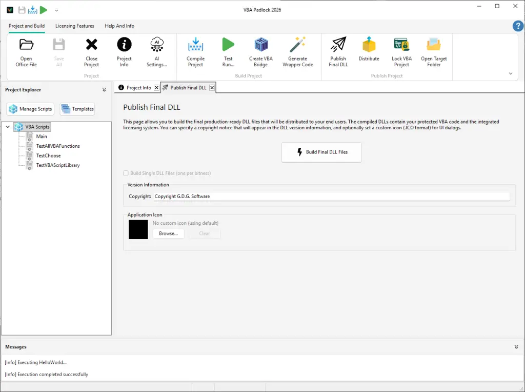 VBA Padlock Publish DLL dialog with signing options