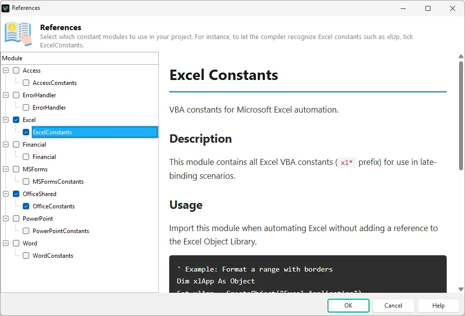 The References dialog: constant modules tree on the left, module description on the right