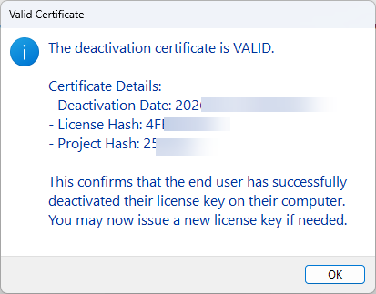 Valid deactivation certificate confirmation