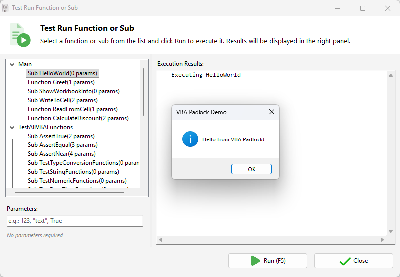 VBA Padlock Test Runner executing a compiled function