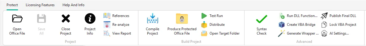 The Protect ribbon tab with its Project, Build Project and Advanced groups