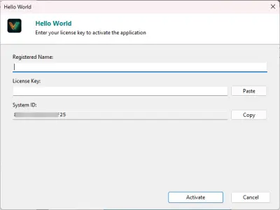 Hardware ID dialog — users copy this ID to request a key