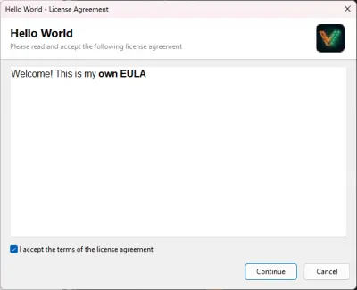 EULA display — license agreement shown before activation
