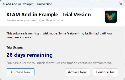 Trial mode nag screen — shown when the trial period is active