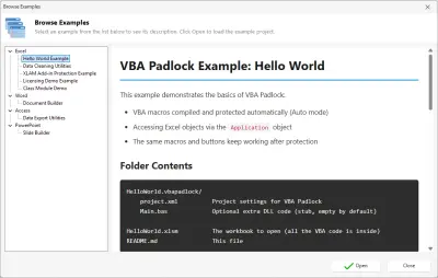 Browse Examples - bundled sample projects for all four Office applications