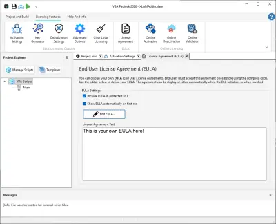 EULA configuration — embed a license agreement