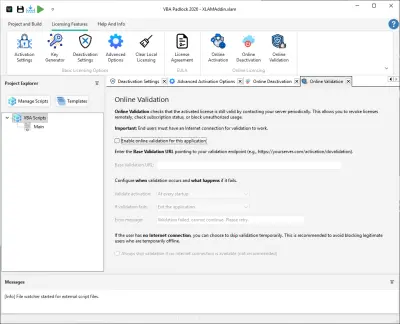 Online Validation settings — verify licenses at runtime
