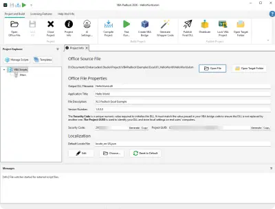 Main window — ribbon, Project Explorer, Code Editor, and Message Log
