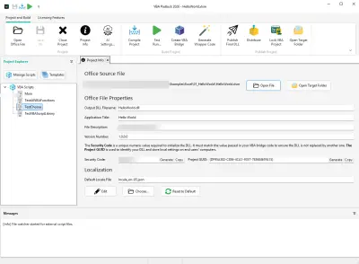 Project Info panel — DLL name, target Office app, and project metadata