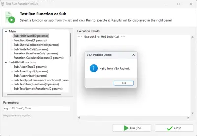 Test Runner — execute compiled functions with parameter entry and result display