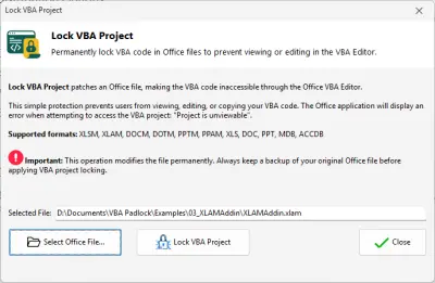 Lock VBA Project — password-protect the VBA project in the Office file