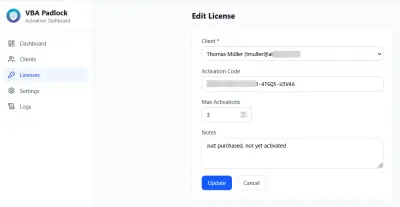 PHP Activation Kit — edit license details