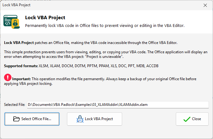 Lock VBA Project tool in VBA Padlock