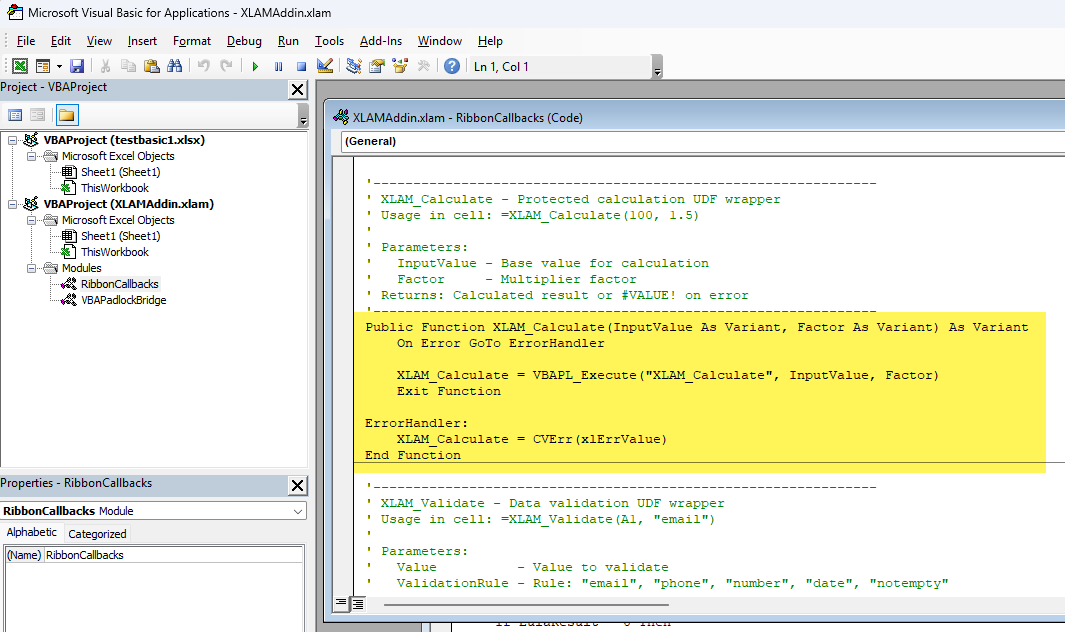 Excel VBA editor wrapper calling VBAPL_Execute for a custom function