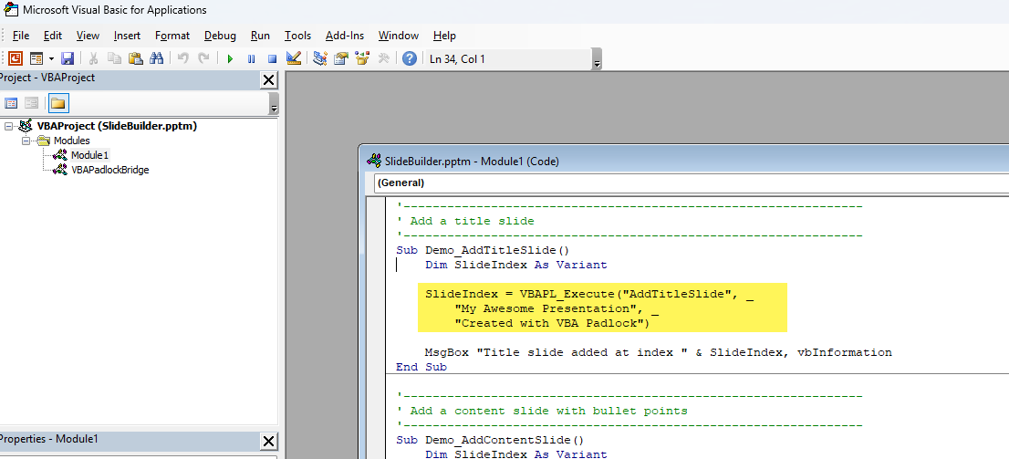 PowerPoint VBA editor bridge code calling compiled VBA Padlock functions